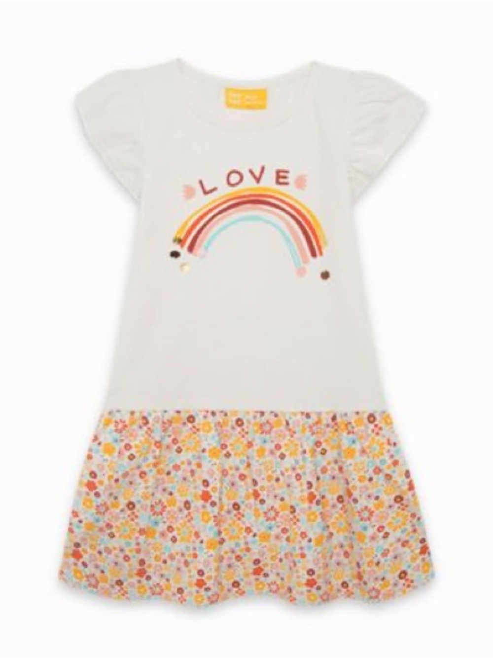 Girls White 'Love' Rainbow Graphic Dress with Floral Skirt